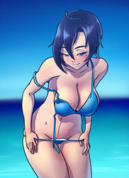 bikini black_hair blue_eyes breasts cleavage commission ian_chase large_breasts mole mole_under_eye myria_loussier original second-party_source short_hair undressing