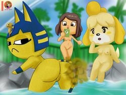 3girls 4:3 animal_crossing ankha canid canine canis domestic_cat domestic_dog fan_character fart fart_cloud fart_fetish felid feline felis female group hi_res hot_spring humanoid isabelle_(animal_crossing) mammal moon_pearl multiple_girls nintendo nude outside succubi_samus video_games water