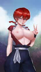 1girls areolae arm_behind_back bangs bare_arms blue_eyes bluecup braid breasts breasts_out chinese_clothes closed_mouth collarbone cowboy_shot female female_only genderswap_(mtf) hair_between_eyes hand_up hi_res large_breasts lips looking_at_viewer nipples no_bra open_clothes pants parted_bangs ranma-chan ranma_1/2 ranma_saotome red_hair rule_63 seductive_smile short_sleeves sidelocks single_braid smile solo standing stomach tangzhuang v wristband