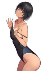 amagami black_eyes black_hair black_swimsuit bob_cut clothes_pull commentary_request competition_swimsuit cowboy_shot female looking_at_viewer nanasaki_ai one-piece_swimsuit one-piece_tan serizawa_(serizawaroom) short_hair simple_background smile solo standing swimsuit swimsuit_pull tan tanline white_background