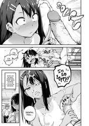 1boy 1girls angry big_penis blush breasts comic comic_page cum cum_on_face cum_on_hair cumshot curved_to_the_right_penis doujinshi dressing ejaculation english_text erection facial femdom ghettoyouth glasses hayase_nagatoro imminent_oral male monochrome naoto_hachioji_(senpai) one-finger_handjob open_mouth oral penis please_don't_bully_me,_nagatoro premature_ejaculation small_breasts surprised tan tanline tanlines tanned_skin text uncensored veiny_penis