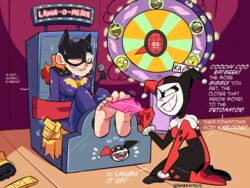 2girls 4:3 4:3_aspect_ratio barbara_gordon barefoot batgirl blush clothed_female dc dc_comics feet female_only foot_fetish foot_tickling harley_quinn harley_quinn_(classic) huge_feet multiple_girls soles tears text tickle_torture tickling tickling_feet toes yourhardnerdcollector