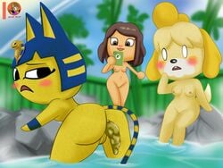 3girls 4:3 animal_crossing animal_crossing_girl ankha canid canine canis domestic_cat domestic_dog fan_character feces felid feline felis female group hi_res hot_spring humanoid isabelle_(animal_crossing) mammal moon_pearl multiple_girls nintendo nude outside scat succubi_samus video_games villager_(animal_crossing) water