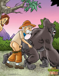 3boys anal archimedes_porter ass balls disney edwardian from_behind furry gay gorilla interspecies justcartoondicks.com male male_only mustache old_man outdoors penis tarzan_(1999_film) tarzan_(character) watching what white_hair yaoi zoophilia