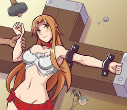 1girls blush bondage breasts crucifixion embarrassed hammer hand_grab long_hair looking_at_viewer mallet mrpenguin orange_eyes orange_hair scared skimpy_clothes slave sword_art_online very_long_hair yuuki_asuna