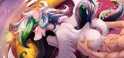 2021 alcor90 alicorn anus ass blush bodily_fluids conditional_dnp cum cum_in_pussy cum_inside cutie_mark dialogue digital_media_(artwork) duo english_text equid equine faceless_male female female_focus female_penetrated feral fingers friendship_is_magic fur genital_fluids genitals happy_sex hasbro hi_res horn human human_on_feral human_penetrating interspecies male male/female male_human/female_feral male_on_feral male_penetrating male_penetrating_female mammal multicolored_tail my_little_pony open_mouth penetration penile penile_penetration penis penis_in_pussy princess_celestia_(mlp) sex solo_focus text tongue tongue_out vaginal_penetration wings zoophilia