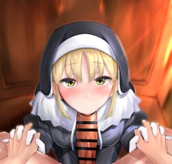 1boy 1girls blonde_hair blush censored clothed_female_nude_male eye_contact fellatio holding_hands looking_at_viewer male_pov nijisanji nun nun's_habit oral pov sister_claire sister_cleaire toge_toge virtual_youtuber