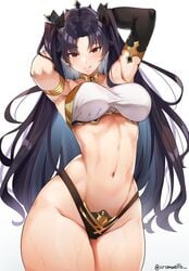 1girls :q armpits arms_behind_head arms_up armwear belly black_armwear breasts covered_breasts covered_nipples covered_pussy cromwellb earrings eyebrows eyelashes fate_(series) female female_focus female_only highleg ishtar_(fate) long_hair looking_at_viewer medium_breasts navel panties red_eyes solo solo_focus standing stomach sweat sweatdrop thick_thighs thighs tongue tongue_out twintails very_long_hair