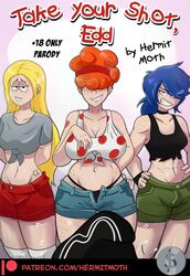 1boy 3girls aged_up ass blonde_hair blue_hair busty cartoon_network comic cover_page double_d ed_edd_n_eddy edd english_text female female_only freckles half-closed_eyes hermitmoth hourglass_figure kanker_sisters lee_kanker marie_kanker may_kanker text voluptuous wide_hips