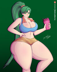 1girls 2021 ass bare_midriff bare_thighs booty_shorts breasts drink fire_emblem fire_emblem:_the_blazing_blade green_background green_eyes green_hair huge_breasts long_hair looking_at_viewer lyn_(fire_emblem) lyndis_(fire_emblem) mrstudmuffin nintendo ponytail shorts smile solo solo_female sports_bra tank_top thick_thighs towel towel_around_neck voluptuous white_skin