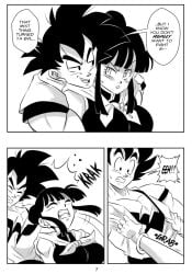 1boy 1girls bangs big_breasts black_and_white blush breasts chichi comic dragon_ball dragon_ball_super dragon_ball_z funsexydragonball grabbing_clothing headbutt monochrome page_7 son_goku