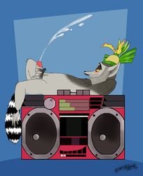 anthro blush boombox cum cumshot datsexylemur dreamworks foreskin glans king_julien lemur lying lying_on_back madagascar_(series) male_only masturbation music_player on_back partially_retracted_foreskin penile_masturbation penis uncut