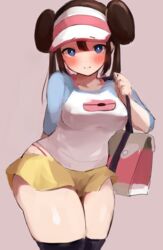 1girls bag blue_eyes blush breasts brown_hair cap double_bun eye_contact female looking_at_viewer nintendo pokemon pokemon_bw2 rosa_(pokemon) smile solo standing thick_thighs thighhighs thong twintails wasabi_sushi wide_hips