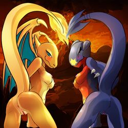 anthro anus ass blush breasts charizard doggy_style dragon dragon_girl exposed_pussy female female_only fire garchomp looking_at_viewer looking_back nintendo nipples pokémon_(species) pokemon pokemon_(species) pussy small_breasts tail tail_up volcano