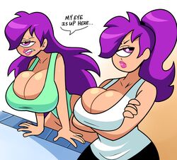 1_eye big_breasts big_butt black_pants blush breasts cleavage futurama green_swimsuit huge_breasts ponytail purple_eyes purple_hair superspoe swimsuit turanga_leela white_shirt