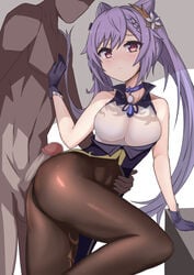 1boy absurdres ass blush breasts brown_legwear censored choker clothed_female_nude_male double_bun erection female genshin_impact hair_bun hand_on_another's_chest highres keqing_(genshin_impact) medium_breasts mosaic_censoring nude pantyhose penis penis_on_ass purple_eyes purple_hair sato_art sweatdrop twintails