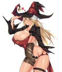 1girls absurdres asymmetrical_legwear blonde_hair blue_eyes blush cleavage female fishnets halloween hat highres huge_breasts long_hair looking_at_viewer nightmare-doom original smile solo standing witch witch_hat