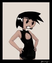 black_dress black_eyes black_hair brit_crust brown_skin buckteeth dogmalord dress female flat_chest hands_on_hips mob_face my_life_as_a_teenage_robot nipples smooth_skin solo