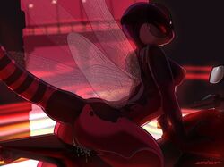 big_breasts closed_eyes dragonfly insects motorcycle naked pink_background pink_skin purple_spots scalie sefeiren smile sunglasses wasp wet_pussy wings