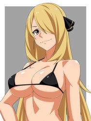 1girls big_breasts bikini blonde_hair breasts cynthia_(pokemon) female grey_eyes hair_ornament long_hair nintendo pokemon pokemon_dppt ra_pen_ smile solo