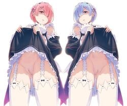 2girls 40hara angry big_breasts blue_hair disgust disgusted disgusted_expression disgusted_look double_upskirt dress_lift exposed_pussy female_only innie_pussy judging looking_at_viewer looking_down maid_outfit maid_uniform multiple_girls no_panties no_panties_under_skirt presenting_pussy pussy ram_(re:zero) re:zero_kara_hajimeru_isekai_seikatsu red_hair rem_(re:zero) shaved_pussy short_hair stockings thick_thighs upskirt