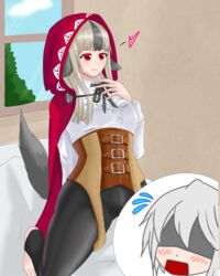 1girls barefoot corrin_(fire_emblem) corrin_(fire_emblem)_(male) fire_emblem fire_emblem_fates hood long_hair multicolored_hair neko_(artist) nintendo red_eyes sitting_on_person smile solo_female solo_focus velouria velouria_(fire_emblem) wolf_girl