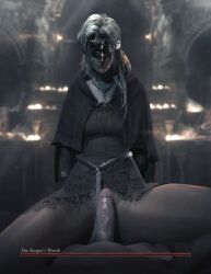 1boy 1girls 3d blender cloak clothing covered_pussy dark_souls dark_souls_3 eyes_covered female fire_keeper fromsoftware high_resolution highres long_hair looking_at_viewer mostly_clothed penis penis_on_pussy pov rekkakun white_hair