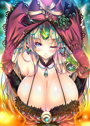 144_(riesztan) 1girls bangs bare_shoulders blonde_hair blue_eyes blush choker cleavage detached_sleeves earrings female flower fur_trim gloves hat huge_breasts jewelry long_hair looking_at_viewer one_eye_closed pendant riesz seiken_densetsu seiken_densetsu_3 smile solo upper_body witch_hat