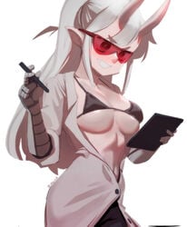 1girls bikini bikini_top black_bikini breasts cleavage coat demon_girl female glasses goggles grey_hair grin helltaker highres holding holding_tablet_pc horns labcoat large_breasts loremaster_(helltaker) mechanical_arms micro_bikini narrow_waist navel oni_horns open_clothes open_coat partially_unbuttoned red-tinted_eyewear red-tinted_glasses red_goggles sho-n-d skin-covered_horns smile smirk solo stylus sunglasses swimsuit tablet_pc tied_hair tinted_eyewear underboob visor white_coat white_horns