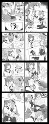 2girls arms_around_neck bangs blush breasts comic drooling embarrassed englis english_text eye_contact female_focus finger_in_mouth french_kiss ganyu_(genshin_impact) genshin_impact gloves goat_horns hair_bun hair_ornament hand_holding hand_in_hair hand_on_pussy horn hug keqing_(genshin_impact) kissing left-to-right_manga lezzcargot lying missionary monochrome nipples on_back one_eye_closed open_mouth scar shirt_lift shirtless speech_bubble straddling teeth tongue twintails undressing yuri