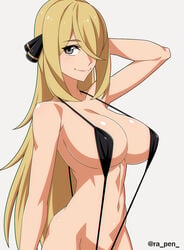 1girls big_breasts bikini blonde_hair breasts cynthia_(pokemon) eye_contact female grey_eyes hair_ornament long_hair looking_at_viewer micro_bikini nintendo pokemon pokemon_dppt ra_pen_ smile solo