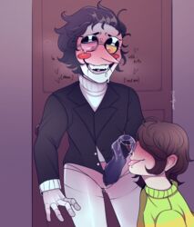 big_head blowjob deltarune drooling glasses kris_(deltarune) non-human on_knees spamton_g_spamton tentacle_penis tongue_out unusual_penis