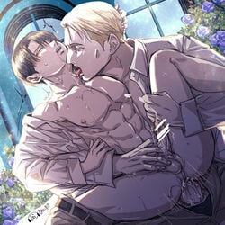 2boys abs aidmaeee anal anal_sex attack_on_titan blonde_hair bodily_fluids censor_bar censored censored_penis closed_eyes clothing cum cum_in_ass drool drooling erwin_smith gay genital_fluids genitals legs_apart levi levi_ackerman licking male male/male male_only male_penetrated male_penetrating male_penetrating_male muscular open_clothes open_shirt penetration penis penis_in_ass shingeki_no_kyojin tongue tongue_out yaoi