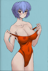 blue_hair blush breasts casual_one-piece_swimsuit cleavage color_edit edit erect_nipples expressionless female female_only hair highleg highleg_swimsuit highres human large_breasts mogudan neon_genesis_evangelion nipples one-piece_swimsuit red_eyes rei_ayanami scan see-through see-through_swimsuit short_hair solo swimsuit swimsuit_pull third-party_edit undressing