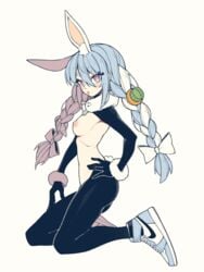 animal_ear_fluff animal_ears bangs black_legwear blue_footwear blue_hair blush_stickers bow braid breasts bunny-shaped_pupils bunny_ears carrot_hair_ornament don-chan_(usada_pekora) eyebrows_visible_through_hair female food-themed_hair_ornament food_themed_hair_ornament full_body hair_between_eyes hair_ornament hairbow hand_on_hip highres hololive hololive_fantasy hololive_japan looking_at_viewer medium_breasts meme_attire multicolored_hair nike nipples rabbit_ears red_eyes reverse_bunnysuit reverse_outfit shoes short_eyebrows shrug_(clothing) simple_background symbol-shaped_pupils thick_eyebrows twin_braids twintails two-tone_hair unexistarts usada_pekora v-shaped_eyebrows virtual_youtuber white_background white_bow white_hair