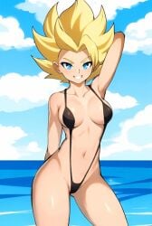 ai_assisted ai_generated animated beach bikini caulifla dragon_ball dragon_ball_super female female_saiyan slingshot_swimsuit
