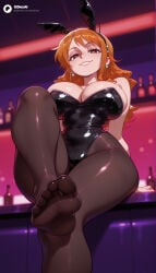 1girl 1girls absurd_res absurdres ai_generated animal_ears arm_support ass bar_(place) bare_shoulders big_ass big_breasts black_leotard black_pantyhose blurred_background blurry blurry_background bottle breasts brown_eyes brown_pantyhose cartoon cartoony cleavage depth_of_field earrings eyelashes fake_animal_ears feet female female_focus female_only foot_focus foot_out_of_frame foot_up foreshortening from_below grin hair_ornament hairband hi_res high_quality high_resolution highleg highleg_leotard highres indoors jewelry knee_up large_ass large_breasts leg_up legs leotard long_hair looking_at_viewer nami_(one_piece) no_shoes odexai one_piece orange_eyes orange_hair pantyhose parted_lips presenting_foot rabbit_ears seductive_smile shiny_clothes shiny_skin sitting sitting_on_table small_waist smile soles solo solo_focus straight strapless strapless_leotard thick_thighs thighs thin_waist toes wide_hips