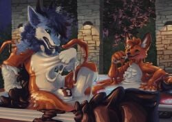 anthro anthro_on_anthro blue_body blue_fur bulge canid canine clone_transformation detailed_background dragon duo faryart fennec_fox fox fur furred_dragon furred_scalie goo_creature goo_transformation hi_res horn hot_tub kite_(kitedafennec) latex latex_creature latex_transformation living_latex lock_bulge lock_symbol male male/male male_anthro mammal melting mid_transformation multicolored_body multicolored_fur mythological_creature mythological_scalie mythology null_bulge orange_body relaxing scalie shocked sitting slime sticky stretchy sunset surprised transformation true_fox water white_body white_fur