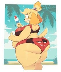 animal_crossing ass awkward awkward_situation beach beach_background bikini bikini_bottom bikini_top booty canine cherry_(animal_crossing) cherrybelle clothes_transformation clothing_transformation dog_ears dog_girl dog_tail fat fat_ass fat_butt homosexual_female inanimate_transformation isabelle_(animal_crossing) lesbian_couple looking_at_partner nervous nervous_expression nintendo obese obese_female object_transformation panties panty_shot ridiculouscake smug smug_face smug_grin thick thick_ass thick_thighs transformation underwear_transformation yuri