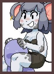 1girls 2d animated animation anthro biting_lip black_shorts blush bouncing_breasts clothed clothed_sex clothing earrings female female_anthro female_furry female_orgasm furry gray_hair grey_hair medium_breasts mouse_girl orgasm pixel_animation pixel_art princess_and_conquest shorts smile tail