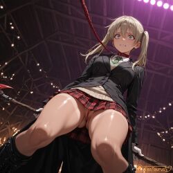 1girl ai_generated ass_visible_through_thighs bdsm bdsm_gear black_coat black_footwear black_jacket blazer blonde_hair blush bondage boots breasts censored chains choker cleft_of_venus clenched_teeth coat collar female from_below gloves green_eyes green_necktie hair_between_eyes holding indoors jacket kisstaurus leash long_hair long_sleeves looking_at_viewer looking_down maka_albarn miniskirt mosaic_censoring necktie no_panties patreon_logo patreon_username pet_play plaid plaid_skirt pleated_skirt pussy red_collar red_skirt scary school_uniform scythe shiny_skin skirt solo soul_eater standing striped_necktie teeth thighs twintails uncensored upskirt weapon white_gloves