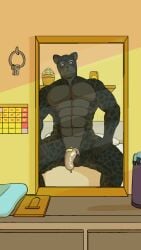 abs anthro balls bara bedroom biceps chastity_cage chastity_device chastity_key felid fur genitals grey_eyes hi_res looking_at_viewer male mammal markings muscular muscular_anthro muscular_male nestor_forth nude pantherine pecs penis phone_view rurik_(nestor_forth) sitting smile solo solo_focus spots spotted_body spotted_fur spread_legs spreading
