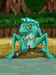 blizzard_entertainment bracelet breasts female fins fish forehead_jewel gills gold_bracelet grass jewelry mrak murloc murloc_female object_insertion sand seashell slit_eyes tree warcraft water webbed_feet webbed_toes wet_feet world_of_warcraft