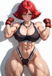abs ai_generated alternate_muscle_size areola_slip ass_visible_through_thighs biceps black_sports_bra breasts cameltoe chain_necklace cleavage clenched_hands covered_nipples female fingerless_gloves flexing gloves green_eyes jewelry large_breasts muscular muscular_female navel necklace nipples obliques panties red_gloves red_hair see-through shadow short_hair simple_background solo sports_bra thick_thighs thighs underwear veins veiny_arms white_background