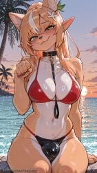 1girl ai_generated animal_ears animal_nose between_breasts bikini blonde_hair blush breasts bulge collar decurse fangs flower furry furry_female green_eyes hair_flower hair_ornament hololive large_breasts long_hair looking_at_viewer multicolored_hair navel outdoors pointy_ears red_bikini shiranui_flare sitting smile solo streaked_hair sunset swimsuit water white_hair