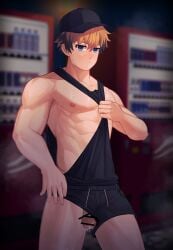 1boy abs balls bare_breasts biceps big_areola big_glans blonde_hair blue_eyes blurry_background blush cap censor_bar censored censored_penis clothes_lift collarbone dark_penis drawstring embarrassed exhibitionism eyelashes gay half-closed_eyes half-erect hi_res looking_at_viewer low_cut_top male male_only mature_male muscles muscular muscular_arms muscular_male night nino_record original original_character outdoors pecs penis penis_out pointless_censoring polycoria precum precum_drip retracted_foreskin short_hair shorts six_pack solo standing sweat sweatdrop sweating sweaty taking_clothes_off tank_top uncircumcised uncut vending_machine very_high_resolution yaoi young