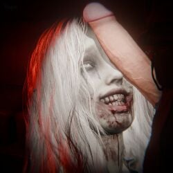 1boy 1girls 3d 3d_(artwork) big_penis black_pupils blood blood_in_mouth blood_stain cant_see_the_haters female grey-skinned_female grey_body grey_skin imminent_oral leon_scott_kennedy light-skinned_male light_hair male_human/female_undead pale-skinned_female pale_skin partial_male penis_awe penis_close_to_face penis_on_face resident_evil resident_evil_9:_requiem selena_corey smiling smiling_at_penis teapie undead undead_female white_hair white_iris zombie zombie_girl