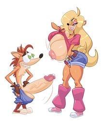 1boy 1girls alternate_breast_size anthro areolae balls big_balls big_breasts big_penis blonde_hair breasts breasts_bigger_than_head crash_(series) crash_bandicoot crash_bandicoot_(series) erect_nipples erect_penis erection female flashing fur furry furry_female furry_male glans huge_balls huge_breasts huge_cock john_coffe large_breasts large_penis lifted_shirt male nipples pants penis penis_out sony_corporation sony_interactive_entertainment tagme tawna_bandicoot testicles veiny_penis