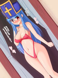 areola blue_hair blush breasts cleavage dragon_quest dragon_quest_iii erect_nipples hat japanese_text medium_breasts mitre navel nekomanma_(byougatei) priest priest_(dq3) red_eyes sling_bikini swimsuit text translated