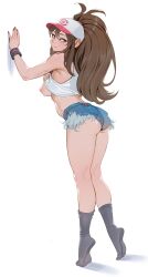 1girls areolae ass ass_hanging_out ass_hanging_out_of_shorts bare_legs bare_shoulders baseball_cap black_socks blue_eyes blue_shorts booty_shorts breasts brown_hair brunette_female brunette_hair cap cheshirrr clothes_lift daisy_dukes female flashing flashing_breasts game_freak gamefreak hilda_(pokemon) lifting_shirt light-skinned_female light_skin long_hair nintendo nipples on_tiptoe on_tiptoes pokemon pokemon_bw ponytail short_shorts shorts sideboob simple_background socks solo solo_female tank_top tank_top_lift tippy_toes white_background wristband
